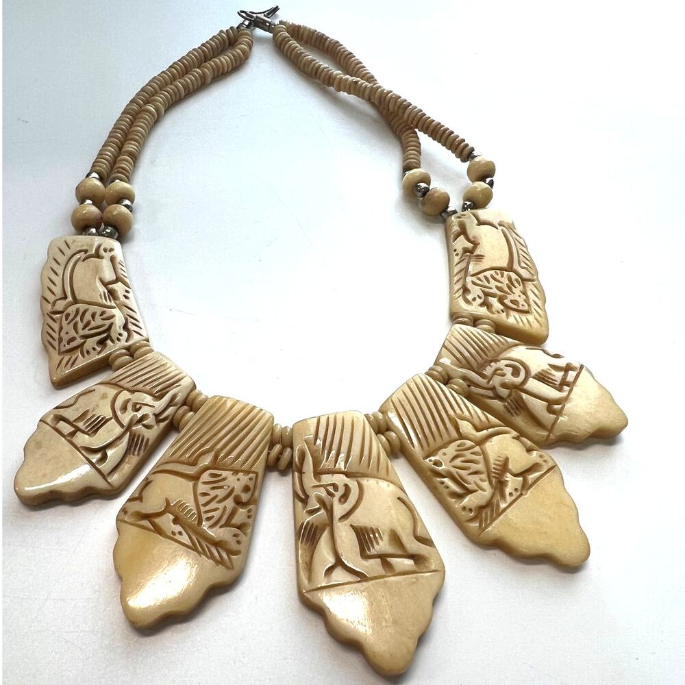 MCM 60's vintage hand-carved bovine bone statement necklace tribal elephant
